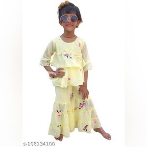 2pc Girls Yellow Floral Embroidered and Beaded Ruffled Top and Bottom